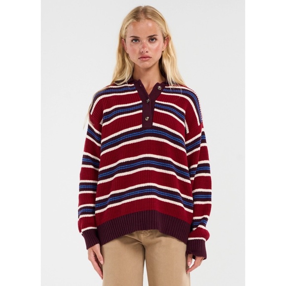 DAMSON MADDER Ilona Rugby Knit Sweater in Red Maroon Blue White Stripe Jumper - Picture 5 of 11